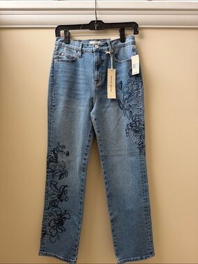 Nicole Miller Light Blue Straight-Leg Jeans with Navy Floral Embroidery